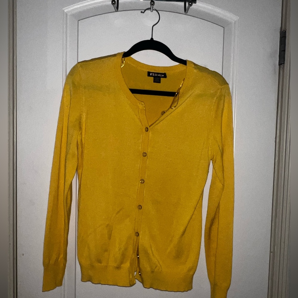 Mustard Yellow V-Neck Cardigan Sweater Lightweight Knit
